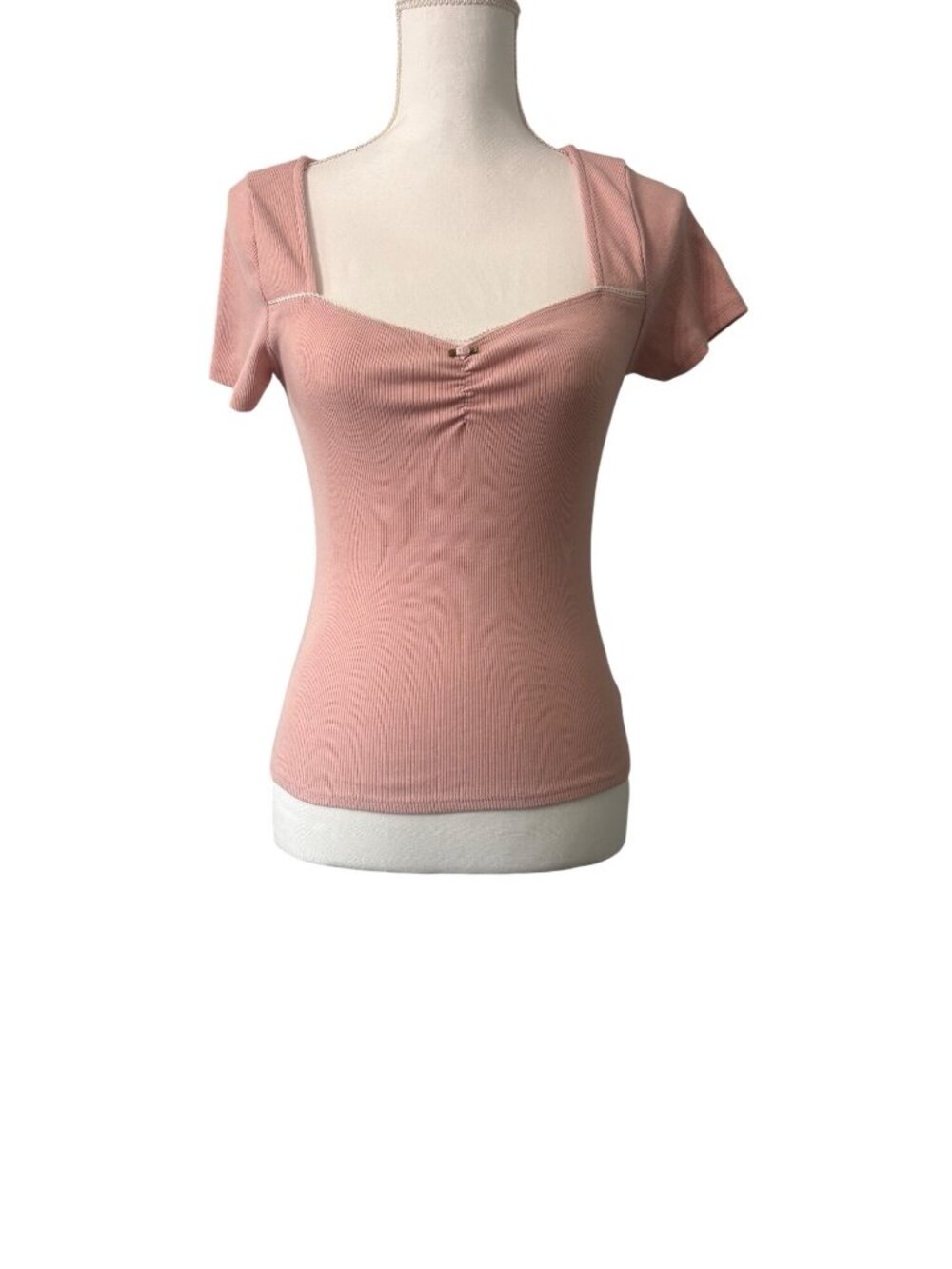 Mixed Thread Pink Ribbed Sweetheart Square Neck Top Ruched Lace Trim Sz Junior M